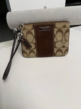 Coach Brown Tan Signature Canvas Wristlet with Leather Trim EUC